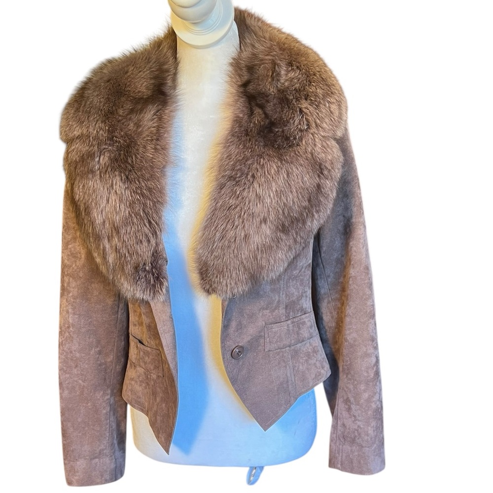 Saks Fifth Avenue Taupe Suede Blazer with Fur Collar - Picture 5 of 13